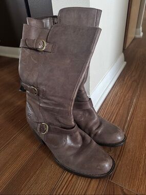 Born Mid-Calf Brown Leather Buckle Heeled Boots